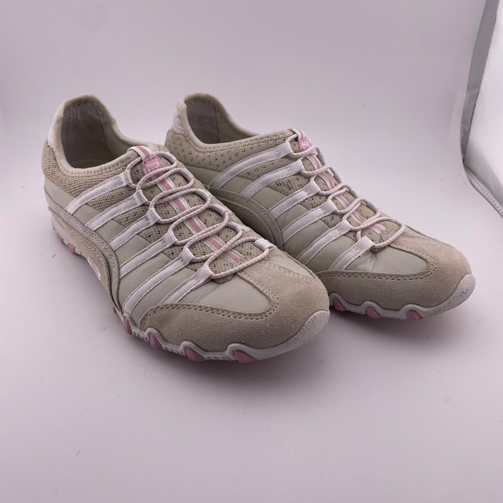 Skechers Women's Tan Pink Leather Textile Slip On Sneakers Shoes Size 7 SN 21552